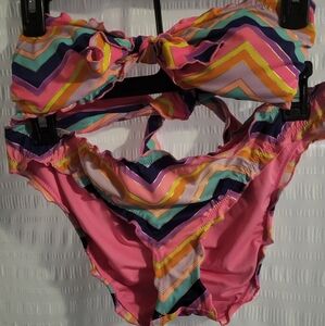 Victoria's Secret Chevron Bikini Set Tropical Colors. Ruffles  Bandeau Tie Top